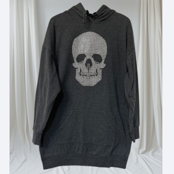 Women’s Dark Gray Hoodie Dress with Rhinestone Skull Graphic – Size M (7–9) - Picture 1 of 9